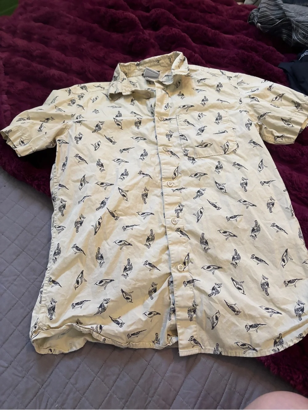 North Face Cream Short-Sleeve Button-Up Shirt with Black Bird Print worn once